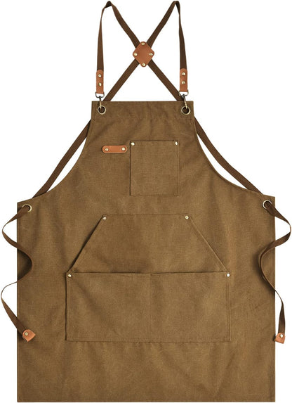 Canvas Aprons for Men Chef Apron, Work Apron with Large Pockets - 16oz Heavy Duty Cross Back, BBQ, Cooking