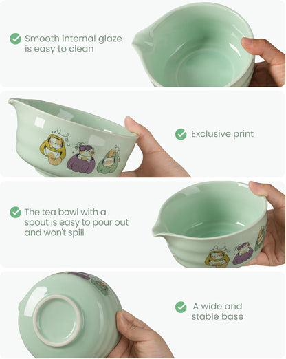 Matcha Whisk Set, 7 Pcs Japanese Matcha Kit with Ceramic Cat Print Bowl-430ml/15oz, Bamboo Whisk & Holder, Scoop, Scoop Rest, Sifter & Tea Towel, Complete Matcha Tea Set for Beginners-Green