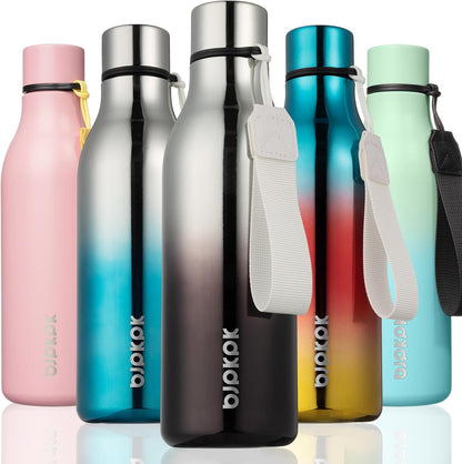 BJPKPK Insulated Water Bottles, 18 oz Stainless Steel Metal Water Bottle with Strap, BPA Free Leak Proof Thermos, Mugs, Flasks, Reusable Water Bottle for Sports & Travel, Silver Miner