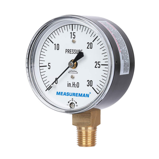 MEASUREMAN Diaphragm Type Capsule Low Pressure Gauge 2-1/2" Dial, 1/4" NPT Lower Mount, Adjustable, 0-30 in H2O(Inches of Water)