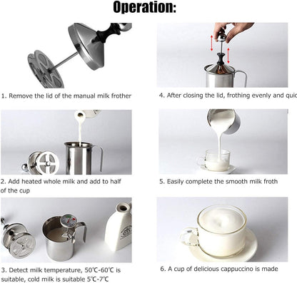 Manual Milk Frother 14oz/400ml Stainless Steel Frothing Pitcher With Handle for Latte Cappuccino Foam