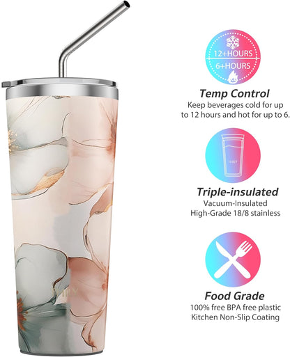 THILY Stainless Steel Vacuum Insulated Tumbler 26 oz Travel Mug Wide Mouth Coffee Cup with 2 Lids and Straws, Splash Proof, BPA Free, Keep Iced Drinks Cold, Golden Bloom Whispers