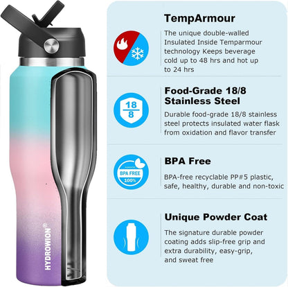 40 oz Insulated Water Bottle with Straw fit in Car Cup Holder(Cold 48 hrs, Hot 24 hrs) Drinking Bottle with Straw Lid, Spout Lid and Flex Cap Leakproof Travel Thermo Mug，Mint - Pink - Purple