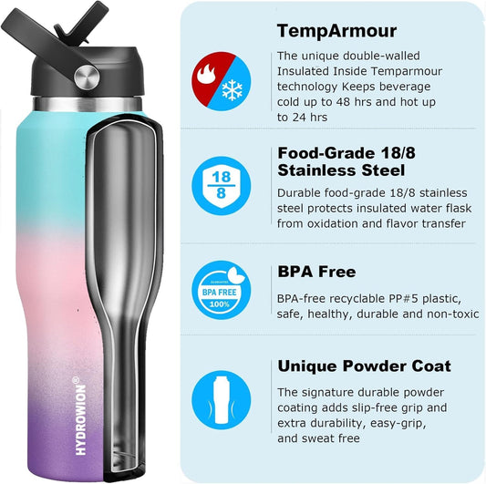 40 oz Insulated Water Bottle with Straw fit in Car Cup Holder(Cold 48 hrs, Hot 24 hrs) Drinking Bottle with Straw Lid, Spout Lid and Flex Cap Leakproof Travel Thermo Mug，Mint - Pink - Purple