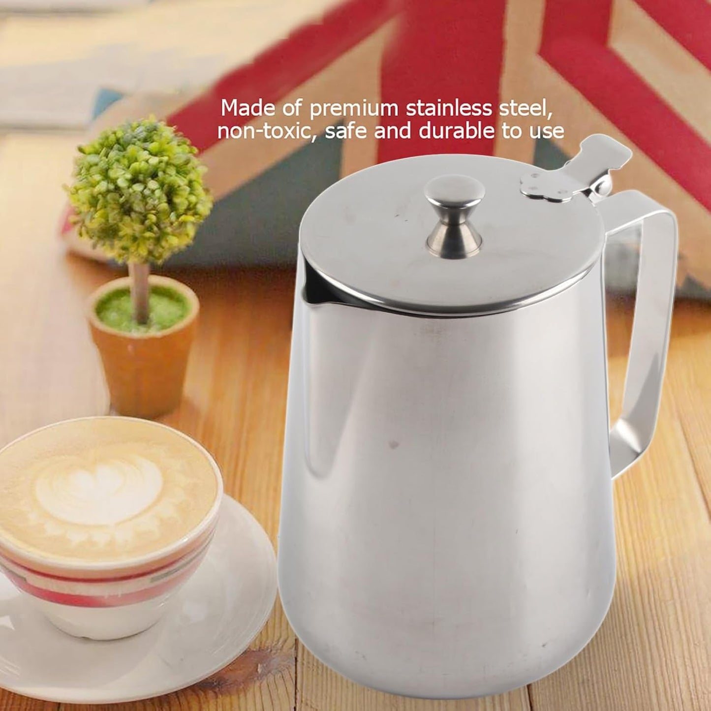 Stainless Steel Milk Frothing Pitcher, Stainless Steel Coffee Cup Mug Milk Frothing Pitcher Jug with Lid for Latte Coffee Art for Office Kitchen with handle(2000ml)