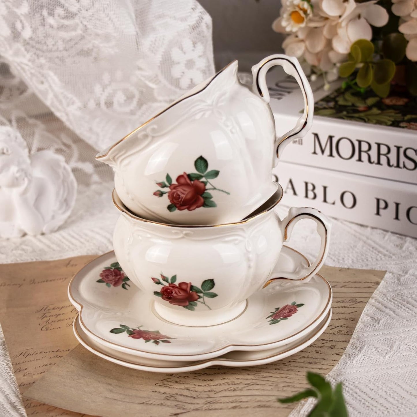 KAMMAK Tea Cups and Saucers Set of 2, Porcelain Coffee Cups, 6.8-Ounce Stackable Espresso Mugs, Ceramic Demitasse for Coffee, Latte, Americano, Tea, Baroque Rose