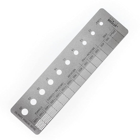 KRUVE Brewler Coffee Grind Ruler - Stainless Steel Coffee Bar Accessories for Home, Coffee Grind Size 200-1600 Microns, Green Bean Grading 11/64-20/64, 5.9 Inch Ruler, Conversion Chart, Magnetic Guide
