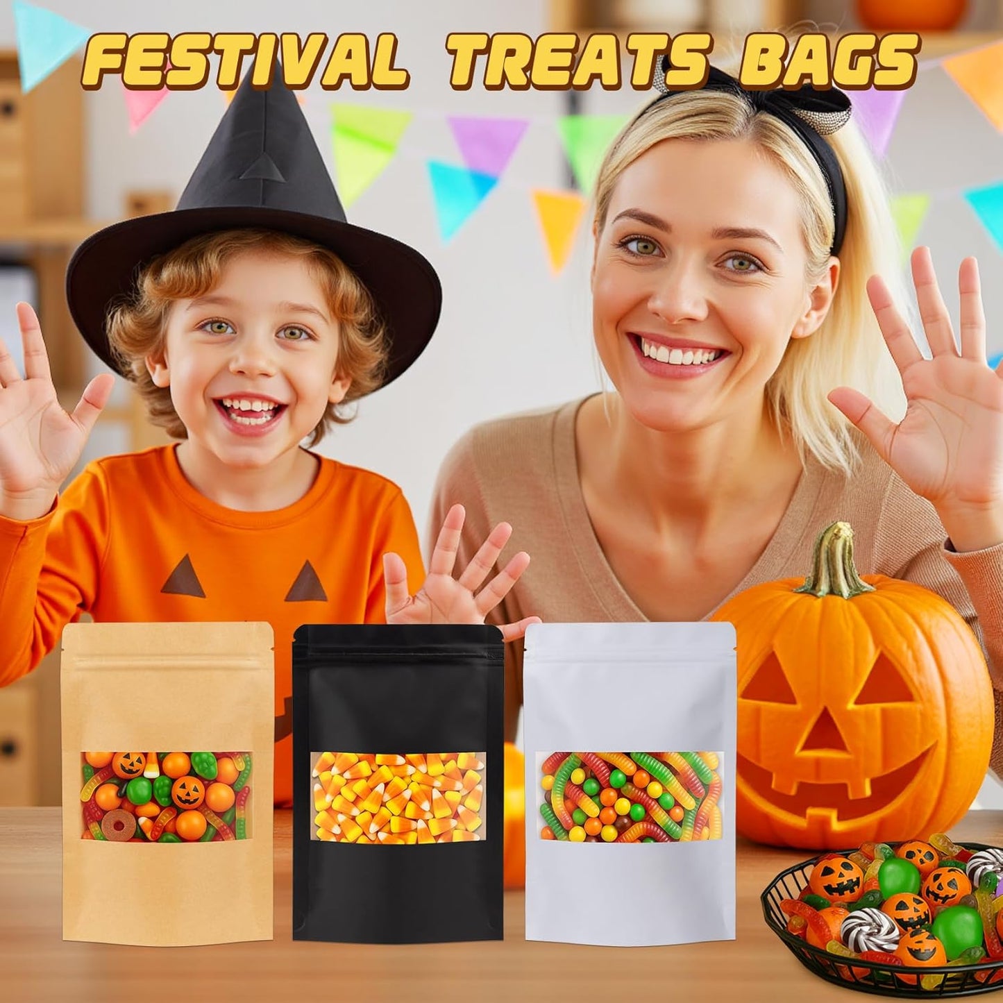 50 Pack Zip Lock Bags, Reusable Snack Bags with Window, Cookie Bags for Pastry, Herbs, Jerky, Spices, Soap, Pet, Gifts, Resealable Baggies for Small Business, Farm Stand Supplies