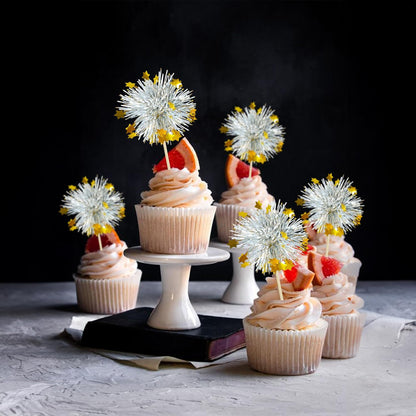 Ephlyn 30Pcs Foil Firework Cupcake Toppers Sparkle Tinsel Cupcake Picks Happy Birthday Cake Decorations Drink Stirrers Cocktail Food Fruit Toothpicks for Baby Shower Graduation Party Supplies Silver
