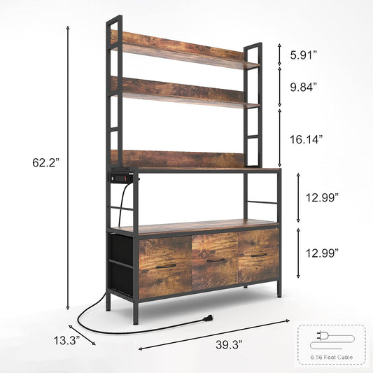 Kitchen Bakers Rack with Power Outlet,5-Tier Free Standing Storage Shelf Bakers Rack with Baskets,Industrial Microwave Oven Stand,Metal Kitchen Rack Organizer with Hooks