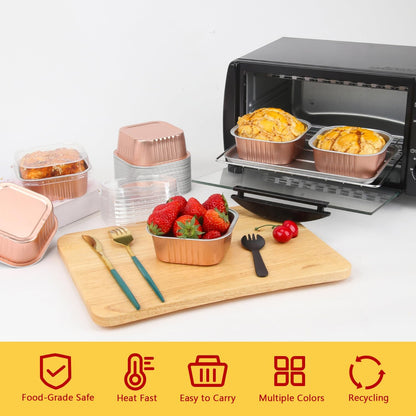 LNYZQUS 120pack/10oz Mini Cake Tins with Lids, 4”x4” Mini Foil Pans Disposable Brownie Baking Cups, Small Aluminum Bread Muffin Pan Jumbo Cupcake Containers Holders-Champagne