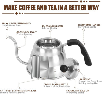 Stainless Steel Tea Kettle 800ml W/O Thermometer Gooseneck Kettle for Stovetop Pour Over Coffee Kettle Precision Pour Drip Spout Tea Pot 28oz,4 Cup,Silver,1Pack