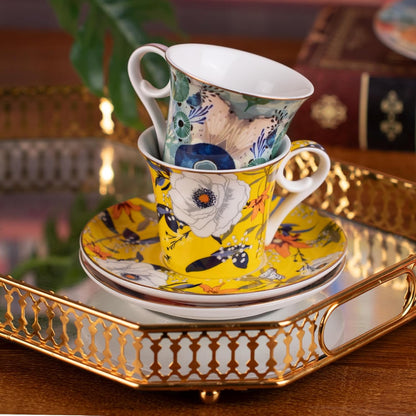 KAMMAK Tea Cups and Saucers Set of 2, Reinforced Porcelain Coffee Cups, 5.7-Ounce Stackable Espresso Mugs, Ceramic Demitasse for Coffee, Cappuccino, Latte, Americano, Tea, Coral + Bee Flower