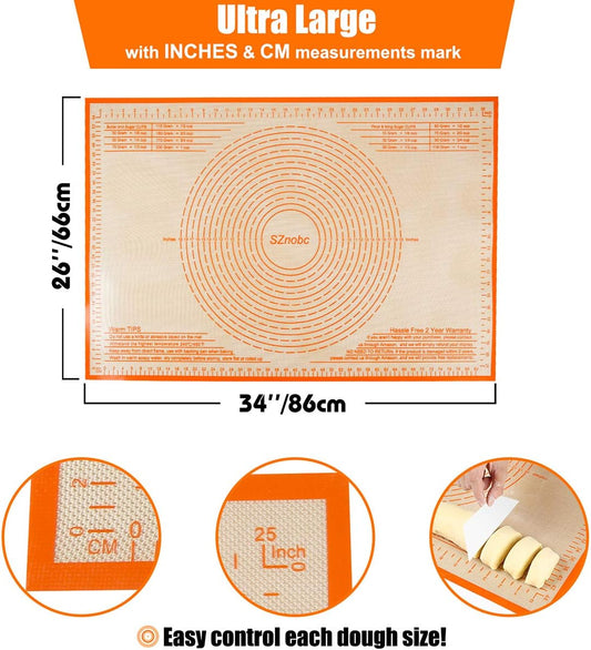 Silicone Pastry Mat 34'' By 26'' Extra Large Baking Mat with Measurements for Dough Rolling, Kneading Board, Kitchen Counter Mats, Perfect for Dough, Fondant, Pie Crust, Cookies, Bread, Pasta, Pizza
