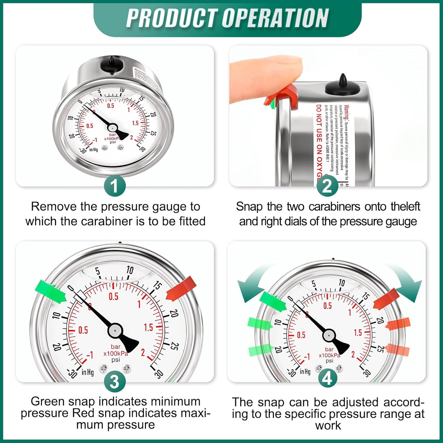 -30inHG-30PSI Stainless Steel Liquid Filled Pressure Gauge, 2.5" Dial Size, 1/8" NPT Back Mount, for Tube, Water Pump, Gas, Liquid, Pressure Test (with Range Mark Pointer)