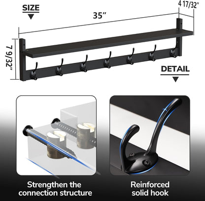 BAMEOS 35 Inch Wall Hooks With Shelf - Entryway Hanging Wood Coat Rack With 7 Dual Hooks for Bathroom, Living Room, Bedroom (Black)