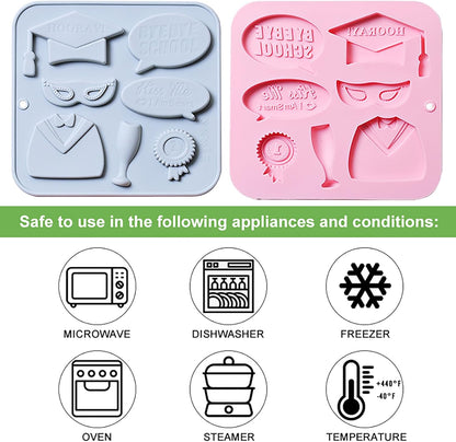 Graduation Chocolate Mold Set - Silicone Baking Molds with Cap, Gown, Champagne Flute & Diploma Phrases, Reusable Food-Grade for Commencement Cakes, Cupcakes & Party Treats - 2 Pack