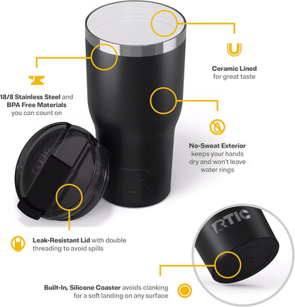 RTIC 30oz Essential Tumbler with Lid, Insulated, Stainless Steel, Metal, Double Wall Vacuum-Insulation, Ceramic Lined, Travel Cup for Iced Coffee, Tea, Hot and Cold Drink, Black