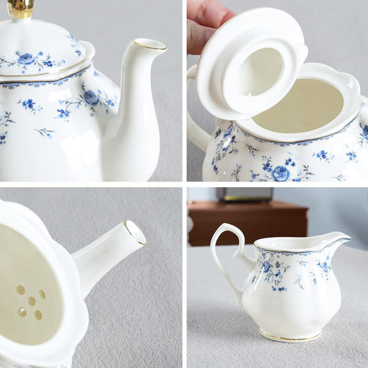 fanquare 15 Piece Blue Rose Porcelain Tea Set, British Floral Teapot with Tea Cups, Women Tea Party Set for 6