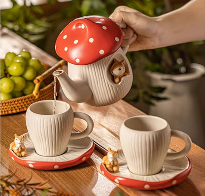Cute Mushroom Mug with Saucer, Handmade Glaze Polka Dot, with Squirrel Decoration on the Plate. Safety Matt Ceramic Coffee Cups, 11 oz Cartoon Tea Cup. Best Gifts for Women & Girls.
