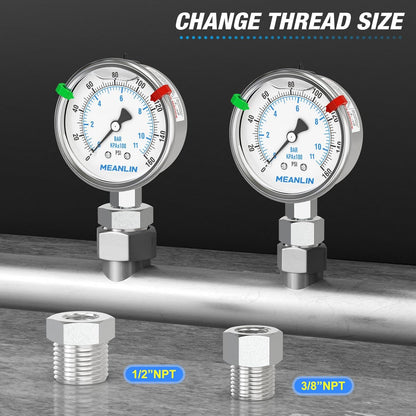 MEANLIN MEASURE 0~160Psi Stainless Steel Liquid Filled Pressure Gauge 2.5"FACE DIAL 1/4"NPT for Air Compressor RV Regulator Water Pressure Tester Lower Mount with Stainless Steel Hex Bushing and Snaps