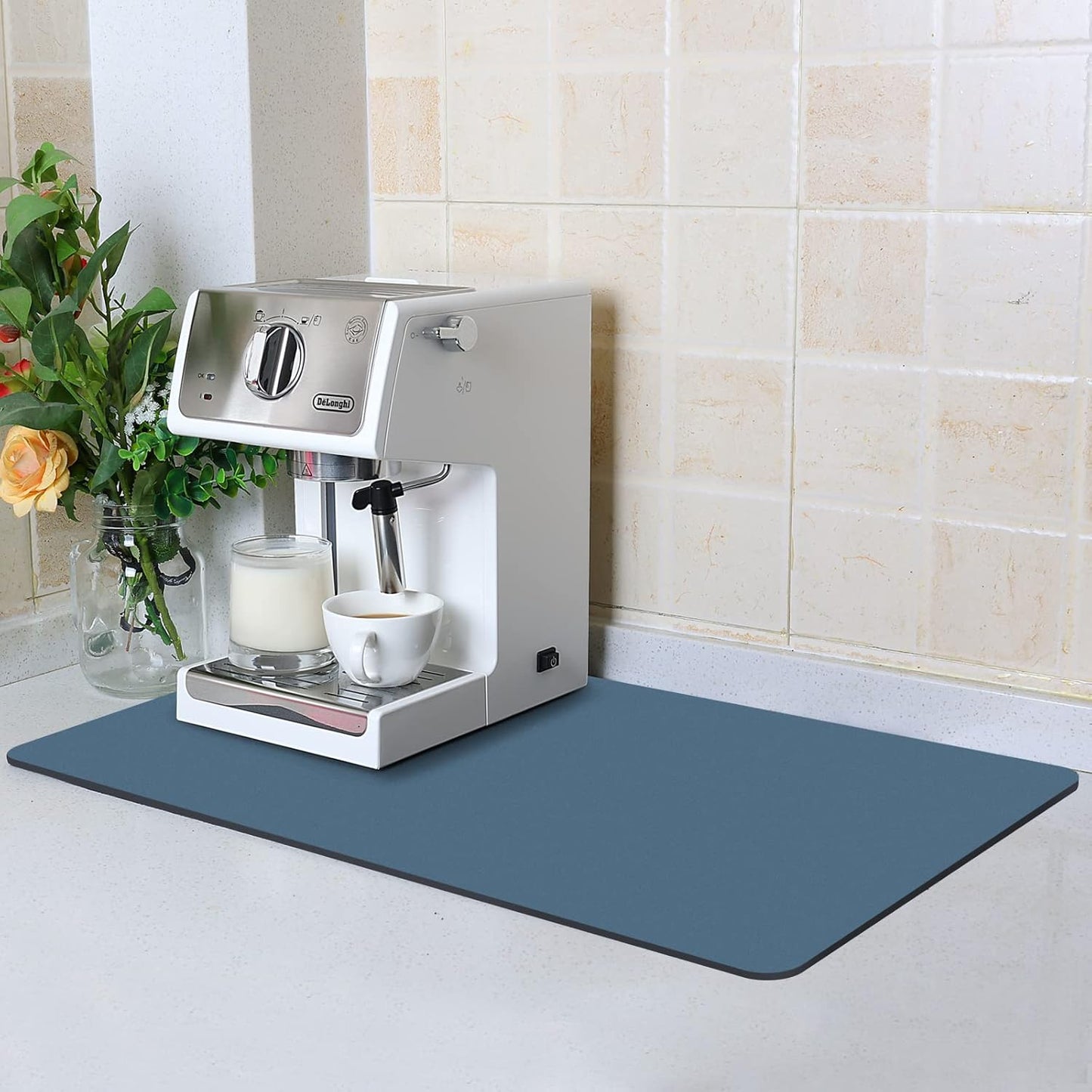 ZLR Coffee Mat - 16" x 24" Extra Large Kitchen Hide Stain Absorbent Dish Drying Mat for Countertop - Easy to Clean Coffee Bar Mat for Espresso Machine and Spill Protection - Navy Blue