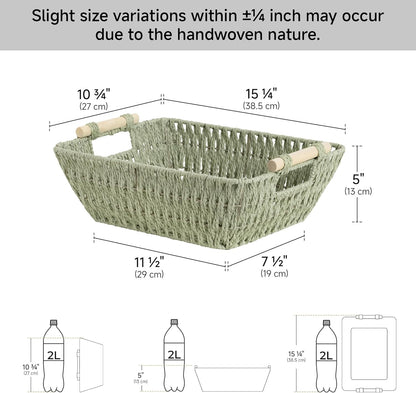 StorageWorks Large Wicker Storage Basket for Organizing with Wooden Handles, Toilet Paper Baskets for Bathroom, Bosana Green, 2-Pack