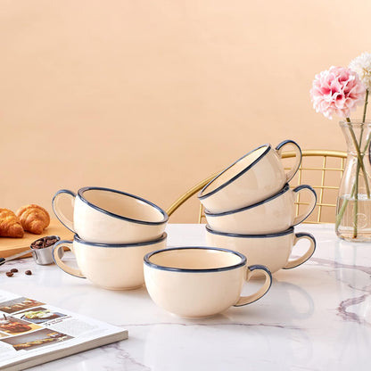 Set of 6 Cups Vintage Design 12 oz Professional Barista Ceramic Latte Art Cappuccino Cups Set (Beige * 6)
