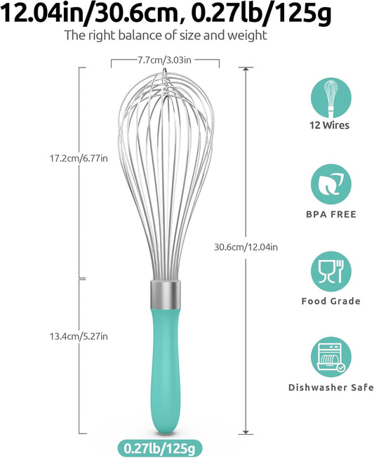 U-Taste Balloon Whisk for Cooking: 18/10 Stainless Steel Kitchen Wire Whisk, 12in Large Heavy Duty Egg Beater, Manual Mixing Tool with 12 High Flex Wires for Stirring, Blending Sauce (Aqua Sky)