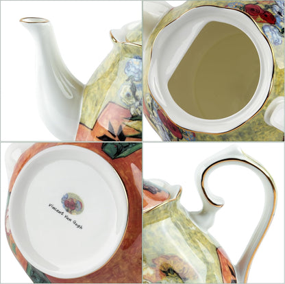 Teapot 30 oz Van Gogh Paintings Bone China Loose Tea Pot Floral Design Vintage Ceramic Coffee Water Pot European Style Porcelain (Flower Vase)