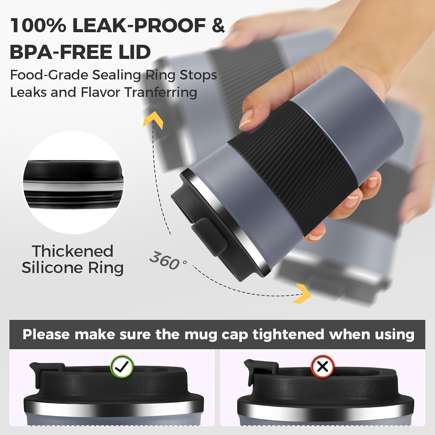 Volhoply 13 oz Stainless Steel Insulated Travel Coffee Mug with Fip Lid Bulk 8 Pack,Reusable Double Wall Vacuum Metal Coffee Cup,Portable Leak Proof Thermal Tumbler for Hot & Cold Drinks(Gray,8)