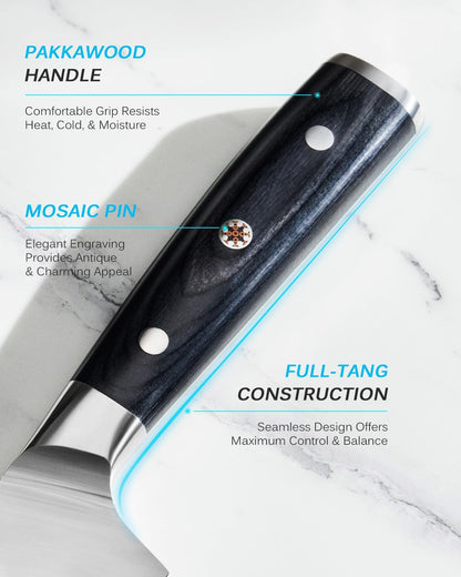 KYOKU 8" Chef Knife, Samurai Series Meat Cutting Knife with Pakkawood Handle & Mosaic Pin, Japanese High Carbon Steel Knife, Full Tang Cutting Chopping Knife for Vegetable Fruit with Sheath and Case