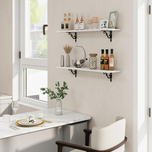 RICHFOCUS Floating Shelves for Wall Decor, 35.4W x 8D Wall Shelves Set of 2, 8 Inch Deep Rustic Wood Shelves Wall Mounted with Brackets, Long Floating Shelves for Living Room Bedroom Kitchen, White