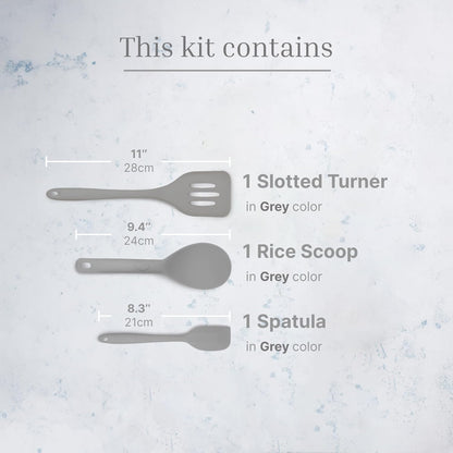 Silicone Utensils 3-Piece Set – Rubber Spatula, Slotted Turner, and Rice Paddle – Complete Heat-Resistant Set for Non-Stick Cookware – Kitchen Tools and Accessories for Cooking & Baking – Grey