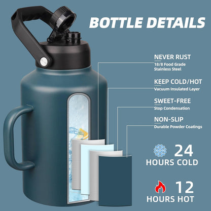 BJPKPK 1 Gallon Water Bottle with Handle, Large Dishwasher Safe 128oz Insulated Water Bottle, BPA Free Water Jug, Wide Mouth Metal Water Bottle with Anti-slip Bottom, Keep Cold & Hot,Navy Blue