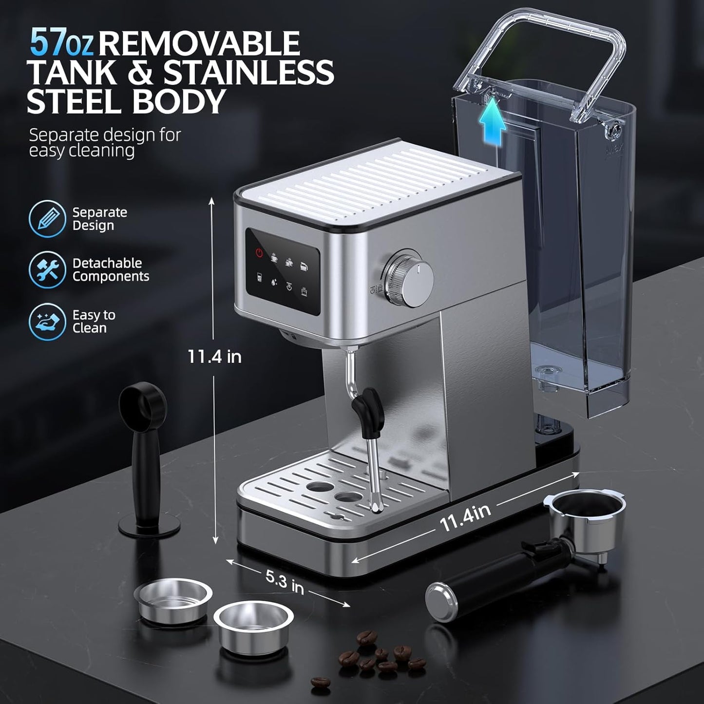 Espresso Machine with Milk Frother, 20 Bar Compact Coffee Machine with Touch Screen & 57.5oz Removable Water Tank for Home, Stainless Steel Espresso Maker for Cappuccino, Latte(2025 updated model)