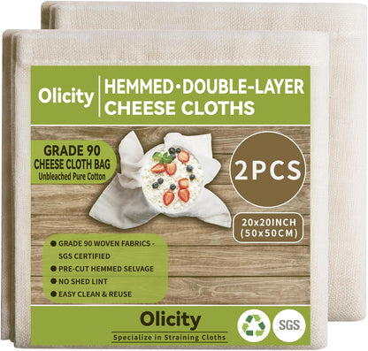 Olicity Cheese Cloths, 2PCS, Double-Layer, 20x20Inch, Reusable Grade 90 Cheese Cloth Bag for Straining, Hemmed Unbleached Cotton Precut Fine Mesh Muslin Cheesecloth for Juicing, Butter, Canning