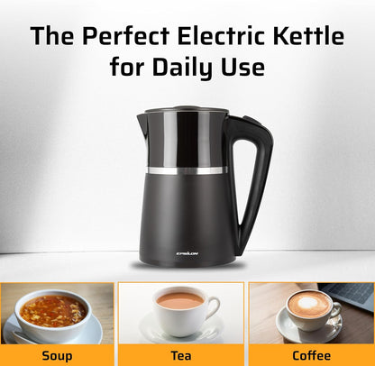 Epsilon Double Wall Electric Kettle 1500W – 1.7L Hot Water Tea Kettle & Hot Water Boiler with Auto Shut-Off, Boil Dry Protection, BPA-Free Stainless Steel Electric Teapot Fast Boil, Cool Touch Design