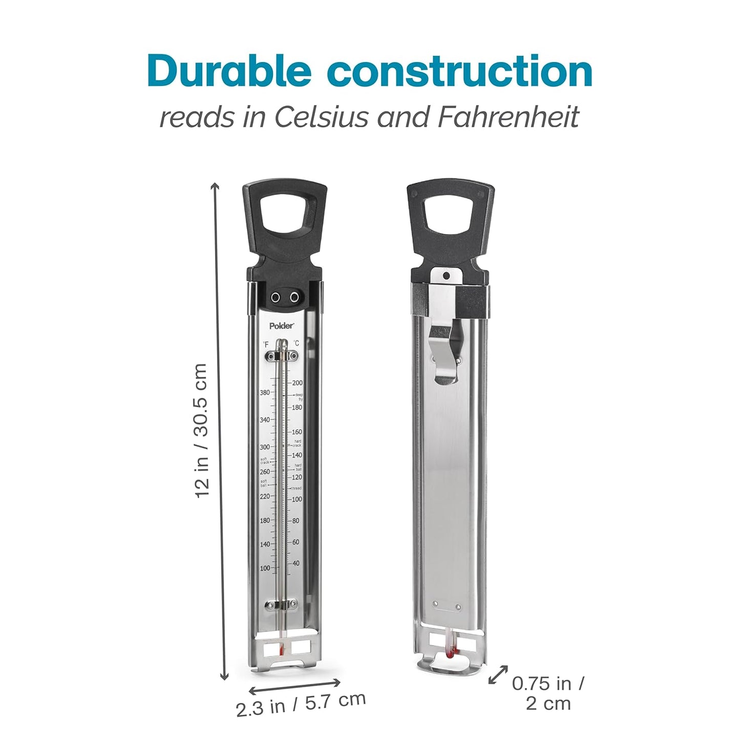 Polder Candy/Jelly/Deep Fry Thermometer, Stainless Steel, with Adjustable Sliding Pot Clip Attachment and Quick Reference Temperature Guide