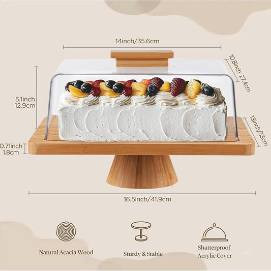 HBlife Cake Stand with Lid (16.5"), Multifunctional Cake Stand with Acrylic Dome, Rectangular Bamboo 2-in-1 Cake Plate Display Stand with Cover for Baking Gifts, Birthday Kitchen Parties, Weddings