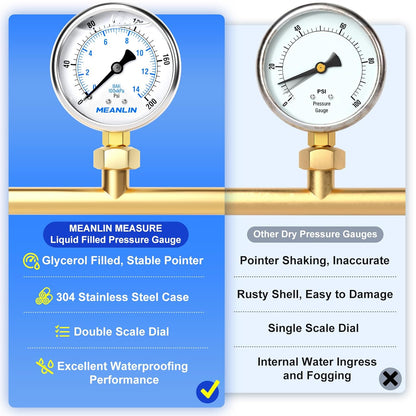MEANLIN MEASURE 0~200Psi Stainless Steel 1/4" NPT 2.5" FACE DIAL Liquid Filled Pressure Gauge WOG Water Oil Air Lower Mount, with 1/2" NPT and 3/8" NPT Hex Bushing