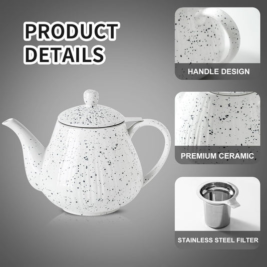 KOOV Ceramic Teapot with Infuser, 40 ounce Tea Pot with Infuser for Loose Tea, Large Enough For 6 Cups, Tea Pot with Tea Strainers, Splash Series (Splashed White)