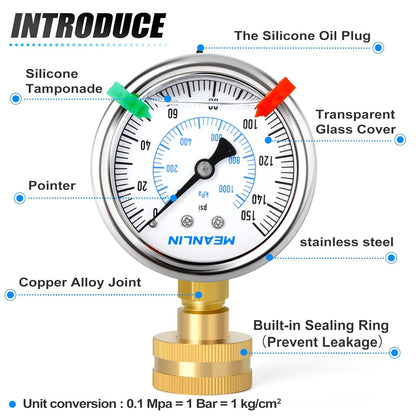 MEANLIN MEASURE 0~150Psi Stainless Steel Frame 3/4" Female 2.5" FACE DIAL Liquid Filled Pressure Gauge WOG Water Oil Air Water Pressure Test Table with Sealing Ring (with 2PCS Snaps)