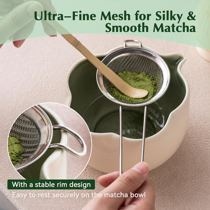Matcha Set, 8Pcs Floral Ceramic Matcha Set with Matcha Whisk, Holder, Scoop, Scoop Rest, Sifter, Spoon and Tea Towel - Thoughtful Matcha Whisk Set Gift for Matcha Lovers (Beige & Green)