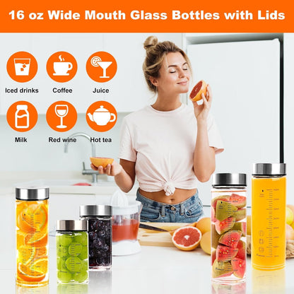 Glass Juice Bottles 6 Pack 16 oz - Wide Mouth Glass Water Bottles with Lids - for Juicing, Protein, Smoothie, Milk, Reusable, BPA Free, Stainless Steel Lids, Blender, Shaker Bottle (16oz/500ml)