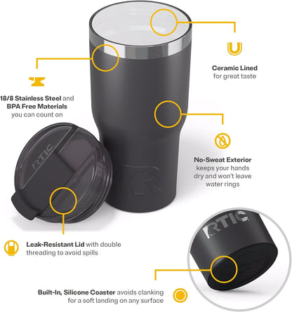 RTIC 20oz Essential Tumbler with Lid, Insulated, Stainless Steel, Metal, Double Wall Vacuum-Insulation, Ceramic Lined, Travel Cup for Iced Coffee, Tea, Hot and Cold Drink, Graphite