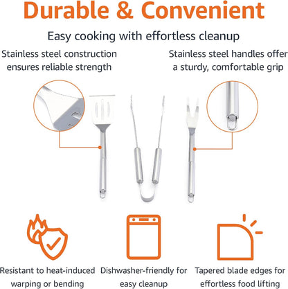Amazon Basics 4-Piece Stainless Steel Barbeque Grilling Tool Set with Carry Bag