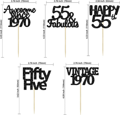 Gyufise 30 Pack Black Glitter Vintage 1970 Cupcake Toppers Glitter 55 Fabulous Happy 55 Cheers to 55 Years Birthday Cupcake Picks 55th Birthday Anniversary Cake Decorations Supplies