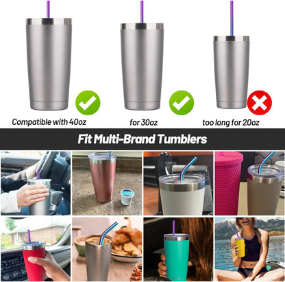 VEHHE Metal Stanley Straw, 12.5-inch Long Stainless Steel Stanley Cup Straw, 4 Pack Reusable Drinking Straws with Cleaning Brush for Stanley Cup Accessories(Rainbow)