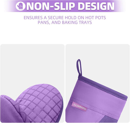 Mini Oven Mitts, Kitchen Oven Gloves Kitchen Mittens 500 Degrees Heat Resistant Baking Gloves, Non-Slip Silicone Surface with Hanging Loops Hot Gloves for Cooking, Baking, BBQ 1 Pair-Purple
